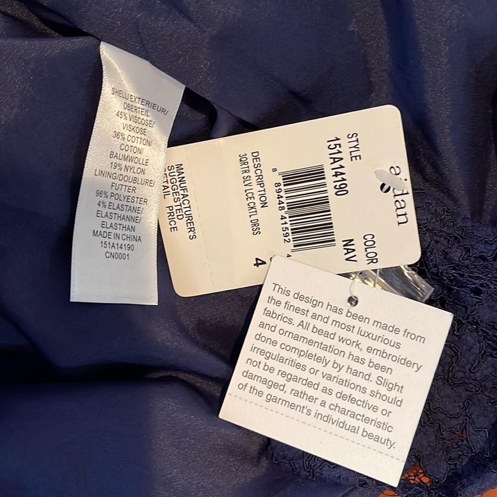 Aidan Aidan Mattox 3/4 Sleeve Lace Cocktail Dress Navy Blue Size 4 NWT - Picture 12 of 14